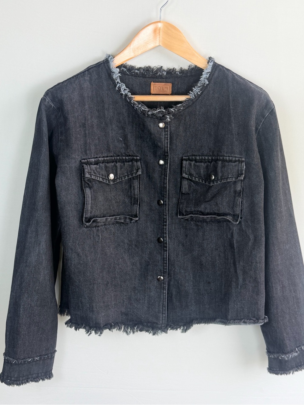 POL Black Collarless Distressed Denim Jacket Frayed Trim Medium